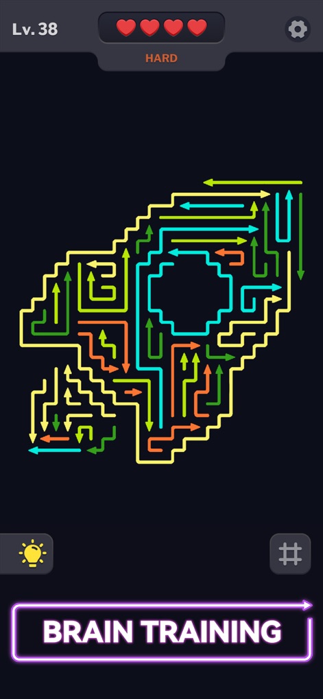 Arrow Madness: Tap Arrows Away - La captura destaca un nivel complejo en forma de cohete espacial, mostrando la intrincada red de rutas de flechas que exigen un pensamiento estratégico avanzado.