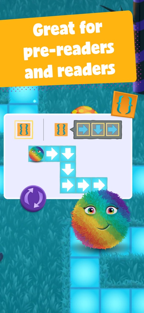 Kodable Basics - Idéale pour les pré-lecteurs, cette interface présente un codage visuel clair avec des flèches directionnelles et des blocs de conditions logiques.