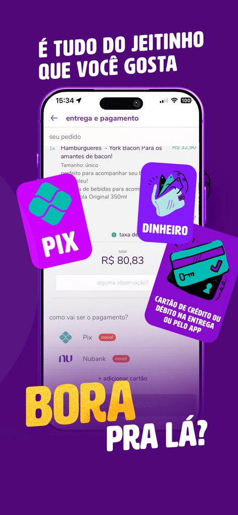 aiqfome: delivery de tudo - A tela de pagamento exibe múltiplas opções para o usuário, incluindo PIX, 'Dinheiro' e 'Cartão de Crédito ou Débito na entrega ou pelo app', garantindo conveniência e adaptabilidade.
