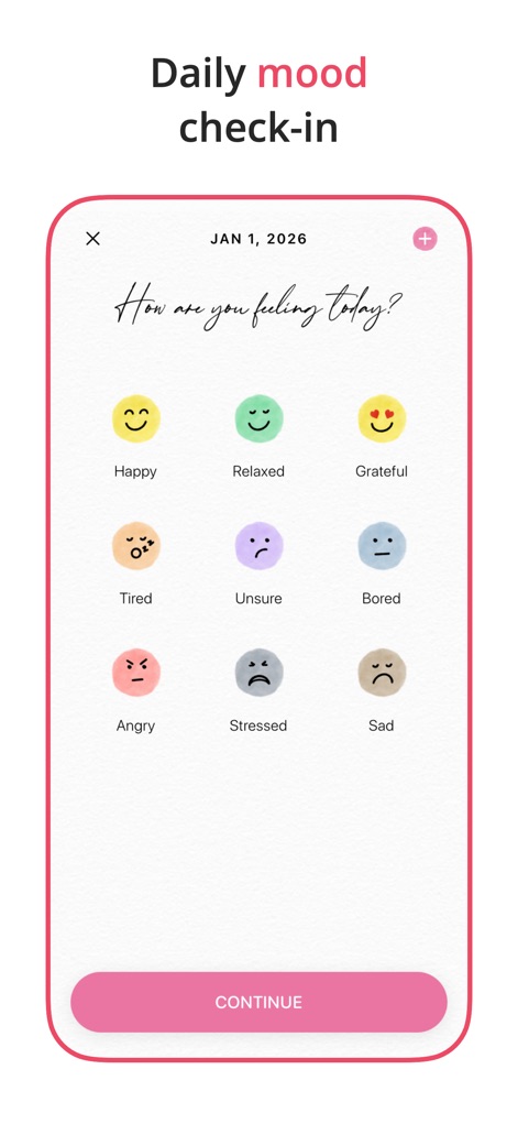 2026 Planner & Agenda - Floret - Engage with the app's straightforward daily mood check-in interface, offering nine distinct emotional states and a simple selection process.