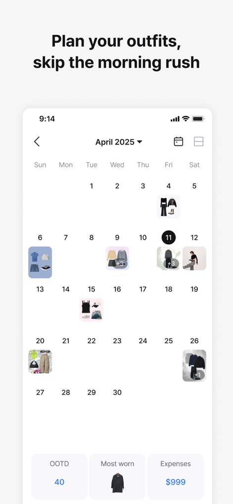 Acloset - AI Fashion Assistant - View the calendar interface, where planned "OOTD" outfits are displayed for each day and "Expenses" can be tracked for wardrobe spending habits.