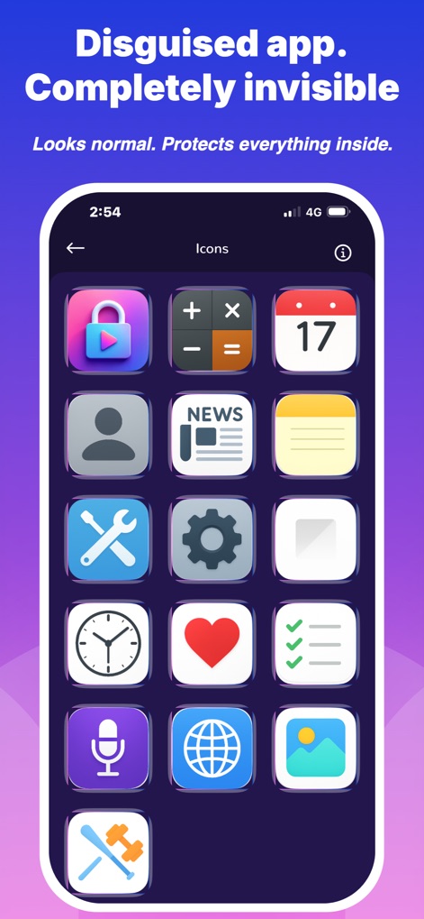 Private Photo & Video Lock - アプリのアイコン選択画面には、通常の電卓アイコンや他の一般的なアイコンが多数表示されており、ユーザーは本アプリを完全に隠蔽するための視覚的な選択肢を得られます。