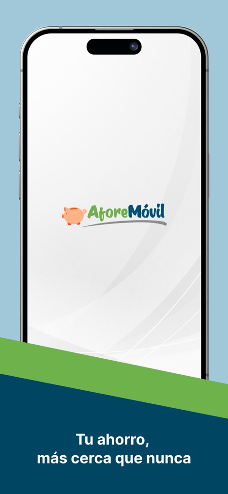 AforeMóvil - This introductory screen showcases the distinctive AforeMóvil logo with its piggy bank icon and the app's clean, modern interface.