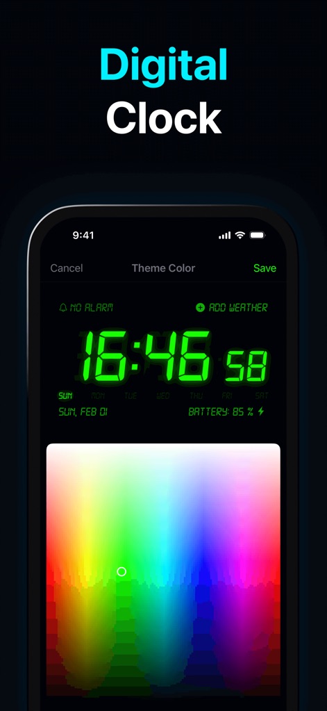 Alarm Clock HD - Los usuarios pueden personalizar el diseño del reloj digital eligiendo entre una amplia paleta de colores, visible a través de la interfaz de selección de tema.