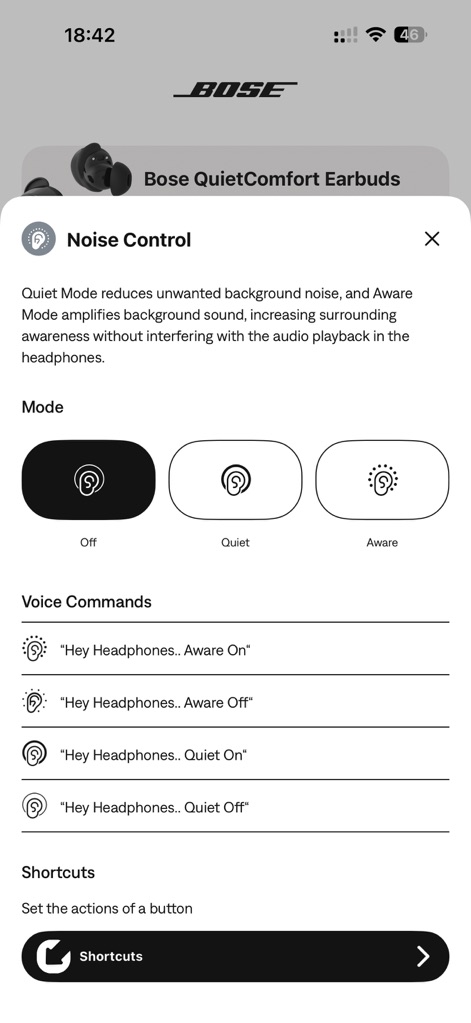 Bose QC Earbuds - Explore the sophisticated noise control options, switching between 'Quiet' and 'Aware' modes and activating convenience features via voice commands.