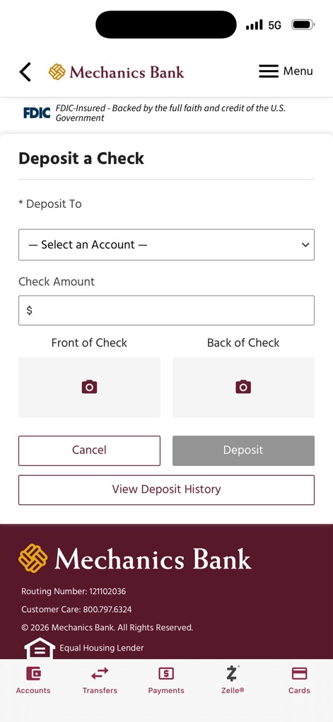 Mechanics Bank Mobile Plus - This tool simplifies banking with its intuitive "Deposit a Check" interface, allowing users to easily select an account and capture the "Front of Check" for mobile deposits.
