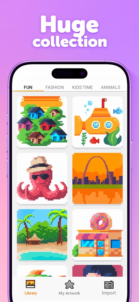 UNICORN: Color by Number Games - Diese Ansicht präsentiert eine umfangreiche Sammlung vielfältiger Pixel-Art-Motive, die in Kategorien wie 'Fun' und 'Fashion' geordnet sind, um die Auswahl zu erleichtern.