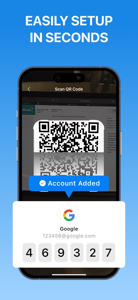 BlazeAuth - MFA Authenticator - Los usuarios pueden añadir nuevas cuentas con una configuración rápida que utiliza una interfaz de escaneo de código QR, confirmando el éxito de la operación con el mensaje 'Account Added' que aparece en pantalla.