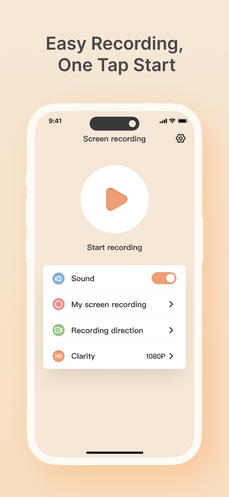 Screen Recorder:Record it now! - See how Screen Recorder:Record it now! offers an intuitive 'Start recording' play button and an easy-to-access 'Sound' toggle for seamless recording setup.