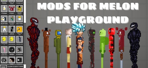 Mods For Melon Playgrounds! - この画面では、悟空やデッドプールのような有名なキャラクターモッドが勢揃いし、左側には豊富なモッドオプションのリストが表示され、ユーザーは多様な選択肢からゲームをカスタマイズできます。