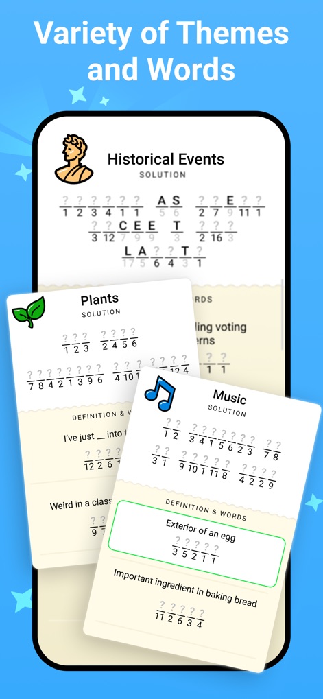 Figgerits - Word Puzzle Games - Figgerits showcases an `expansive content library` through `overlapping puzzle cards` that represent various `diverse subject matters` for users to explore.