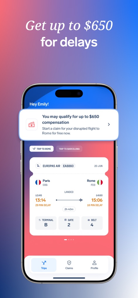 AirHelp・Flight Tracker - Esta funcionalidad identifica automáticamente vuelos elegibles para compensación, como se muestra en la "notificación de hasta $650", y facilita el proceso para "vuelos con retraso".
