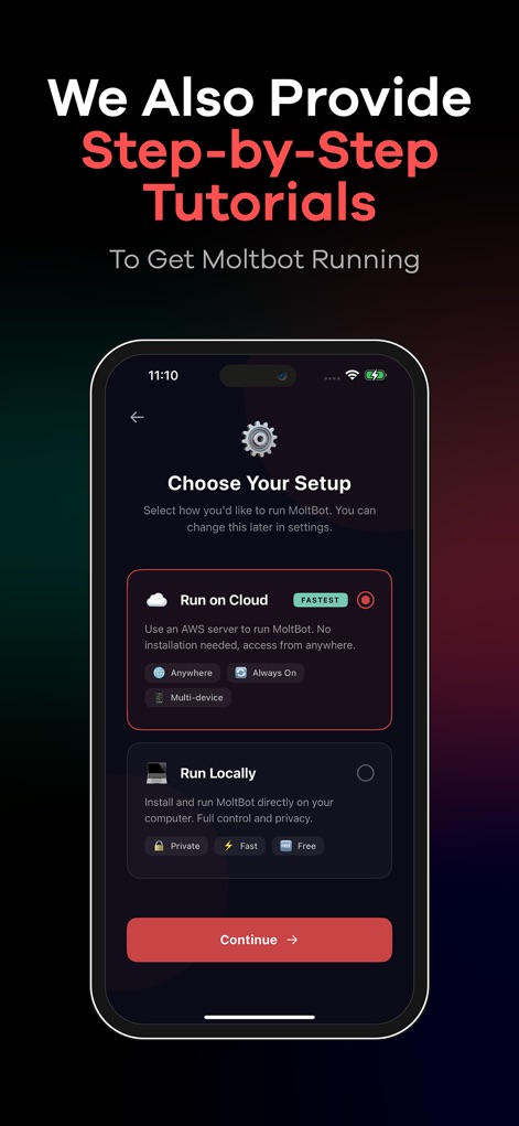 ClawOn - OpenClaw Agent AI App - The app offers flexible deployment options, allowing users to choose between "Run on Cloud" for hosted convenience or "Run Locally" for self-hosted control.