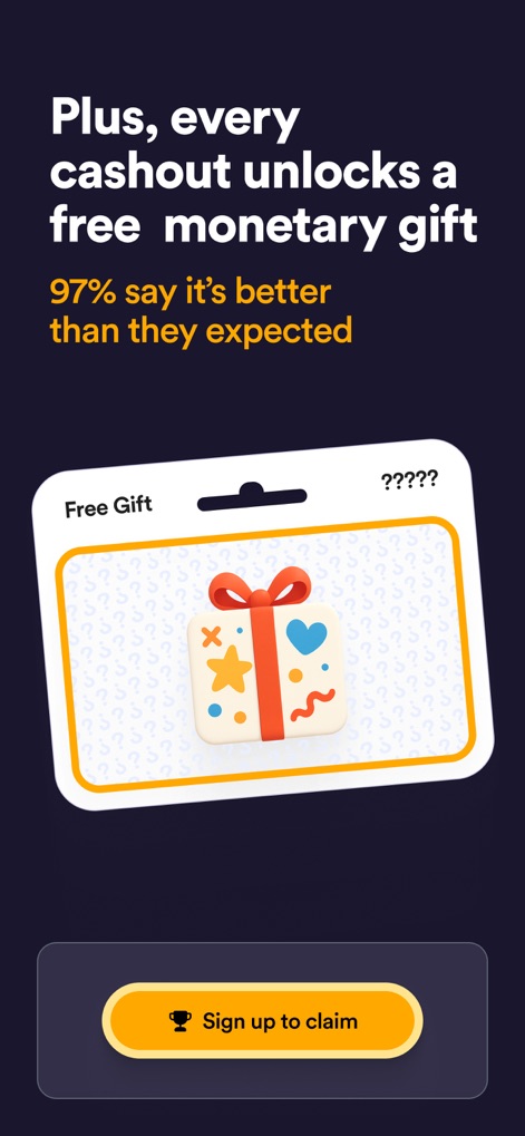 Survey Spin: Get paid cash! - The app promises extra value, revealing a "free monetary gift" unlocked with every cashout and featuring a prominent "Sign up to claim" call to action.