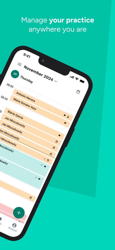 Doctoralia for specialists - Users can efficiently manage their practice from anywhere, utilizing the comprehensive 'November 2024' calendar display and the convenient quick add action button for new appointments.