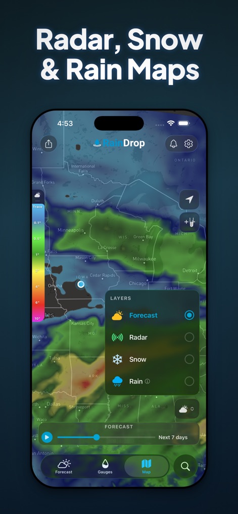 RainDrop - Rain Totals & Radar - The platform offers animated radar and comprehensive accumulation layers for both rain and snow, providing a clear view of current and forecasted weather patterns.