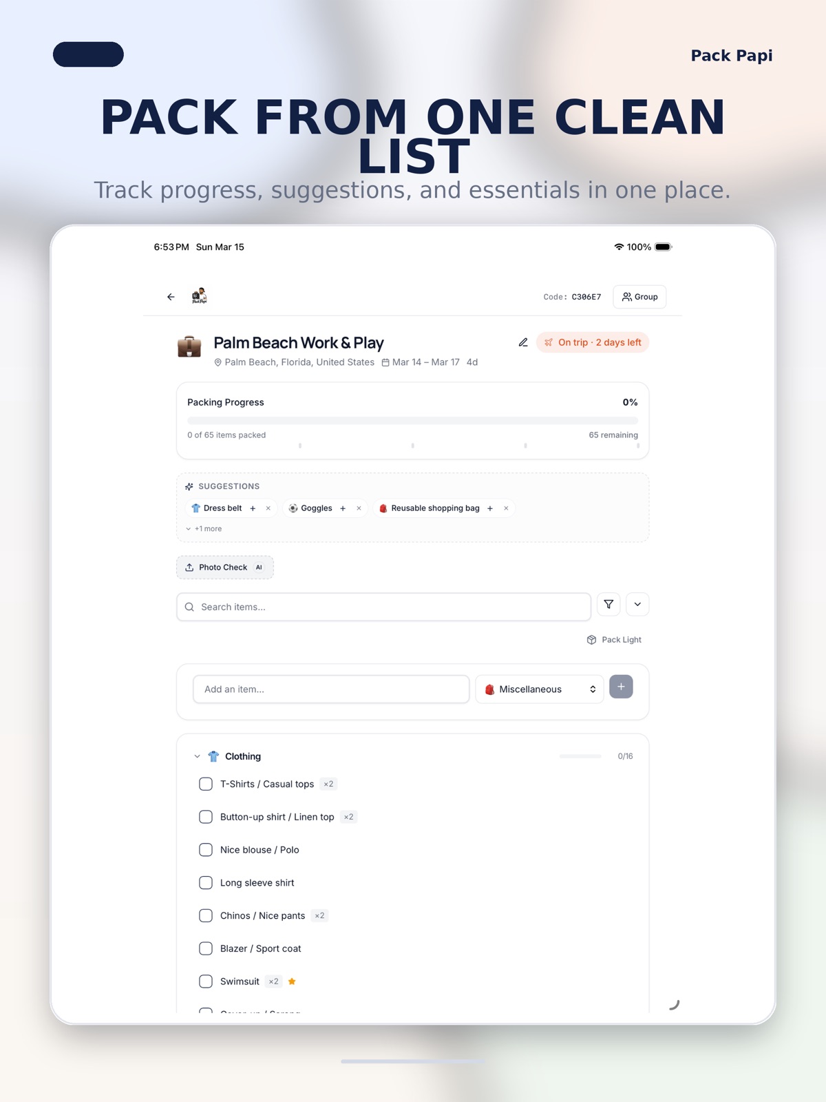 Pack Papi: AI Packing List ipad screenshot 1
