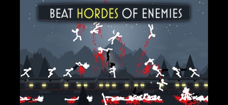 Stick Fight: Shadow Warrior - See how Stick Fight: Shadow Warrior plunges users into intense battles against endless enemy hordes, featuring dynamic combat animations and vivid blood splatters for dramatic effect.