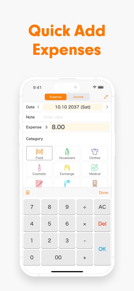 Expense Tracker - Money Note - The streamlined input interface features large, easy-to-press category buttons and an integrated calculator keyboard, making transaction logging swift and accurate.