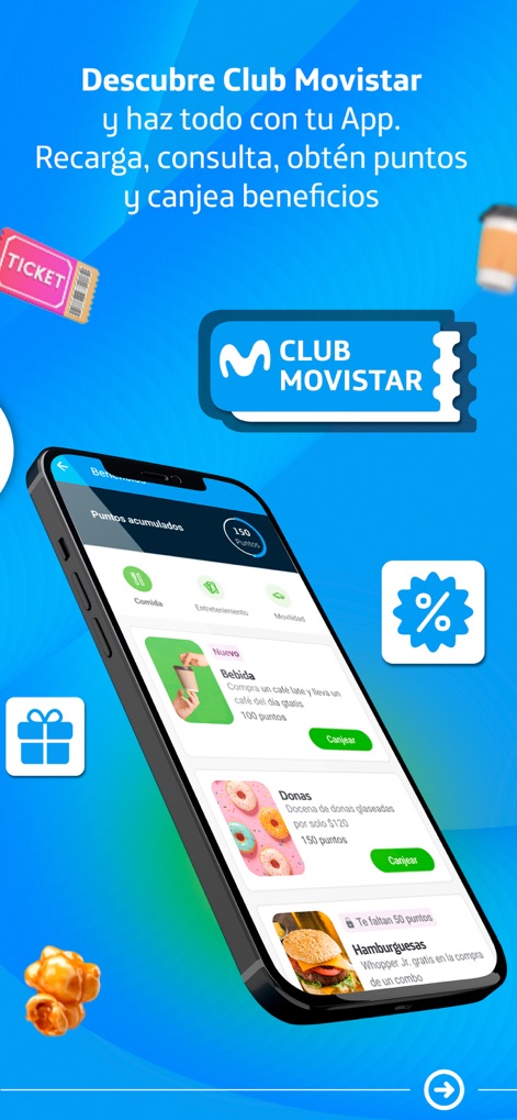 Movistar MX–Tu línea en la App - Los usuarios pueden explorar el 'Club Movistar', donde se visualizan 'Puntos acumulados' y opciones para canjearlos por recompensas como 'Bebida gratis' o 'Donas'.