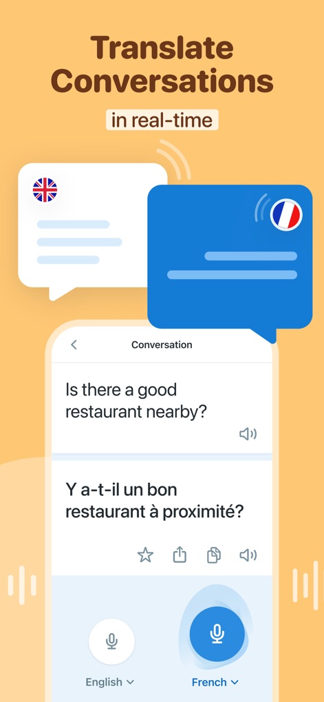 Reverso translate and learn - A funcionalidade de "tradução de conversas em tempo real" é apresentada, exibindo balões de fala em inglês e francês. Os "ícones de microfone separados" para cada idioma indicam a capacidade de alternar facilmente entre eles.