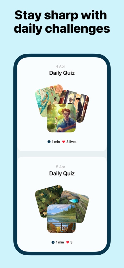 Word of the Day・Vocabulary - The app promotes continuous learning through dated "Daily Quiz" entries, each featuring unique visual cards to maintain engagement.