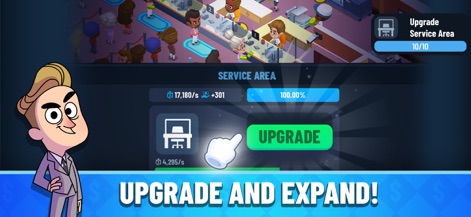 Idle Bank Tycoon: Money Game - Witness the intuitive upgrade interface for the service area, showing both current earnings per second and a prominent "UPGRADE" button for growth.