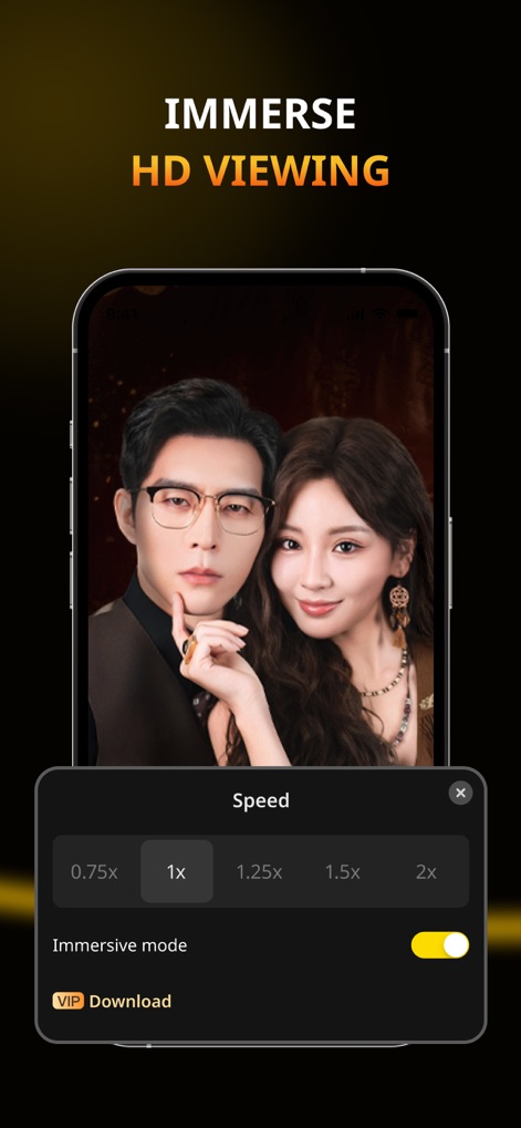 FlickReels: Short Drama Series - Los usuarios pueden personalizar la experiencia de visualización ajustando la velocidad de reproducción, y activar el 'Immersive mode' para una experiencia sin distracciones.
