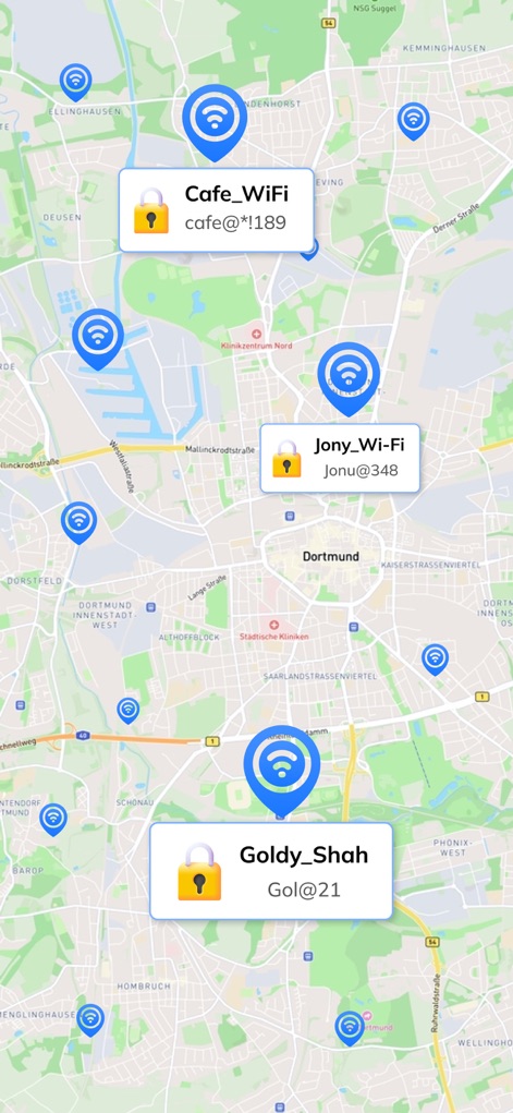 Wifi Password on Map Wifi View - Users can effortlessly locate available WiFi networks on an interactive map, clearly seeing network names and password prompts for quick access.