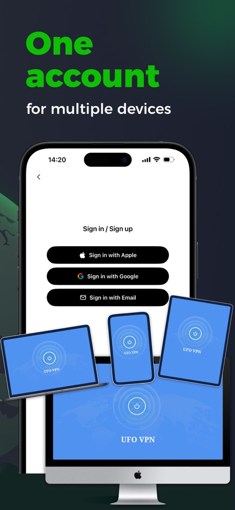 UFO VPN: Ultra Fast Secure VPN - La aplicación facilita el inicio de sesión con opciones como "Sign in with Apple" y "Google", mientras que la imagen de "múltiples dispositivos" resalta la compatibilidad en diversas plataformas.
