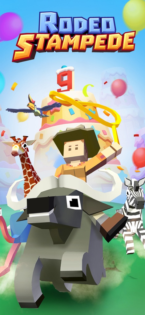 Rodeo Stampede: Sky Zoo Safari - La imagen central muestra el vibrante logo del juego, 'Rodeo Stampede', y presenta a los simpáticos personajes animados en un alegre ambiente festivo, invitando a la aventura.