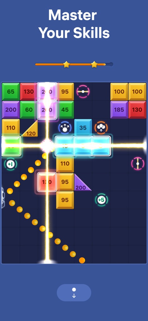 Brick Blast - Ball Breaker - Witness the strategic advantage offered by the powerful laser beam and how the extra ball indicators (+1, +5) allow for extended play.