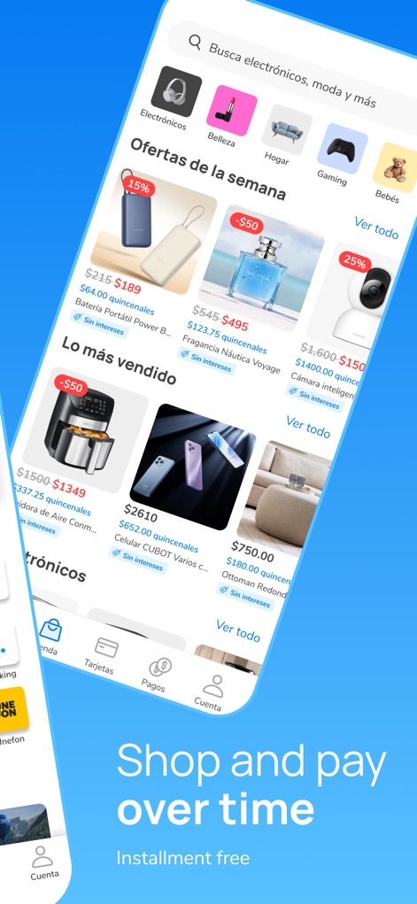Nelo - The app showcases diverse product categories like electronics and home goods, alongside special weekly offers highlighting attractive installment payment options.