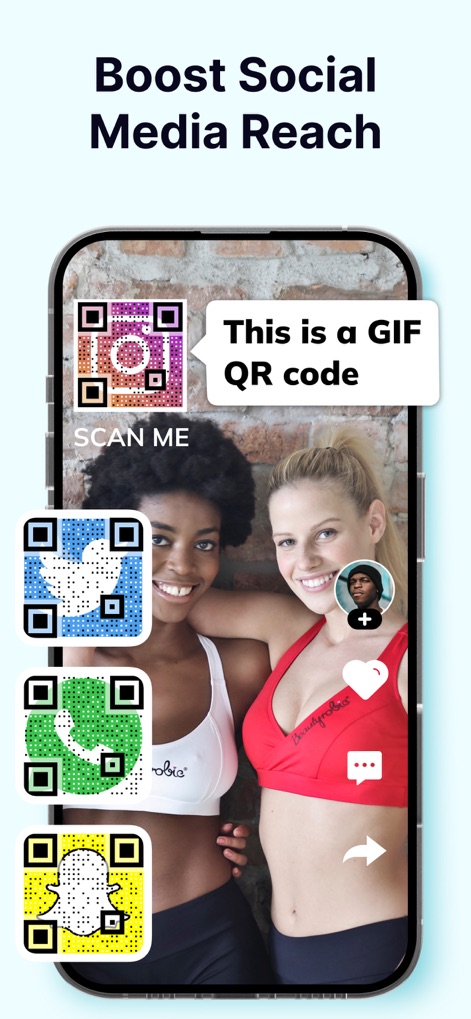 QR Code Generator, QR Template - L'application facilite l'intégration des codes QR pour les médias sociaux, offrant des formats attractifs comme les codes QR GIF pour augmenter l'engagement et la portée.