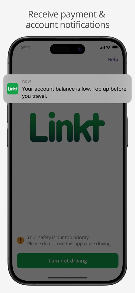Linkt - The app keeps users informed through critical "low balance notification banners" and reinforces safety with a clear "driving warning message."