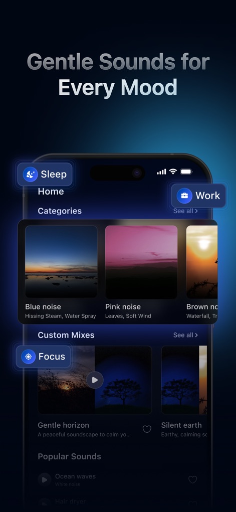 White Noise: Relax & Sleep - The app organizes sounds into practical categories such as 'Sleep' and 'Work', presenting curated custom mixes like 'Gentle horizon' for various user needs.