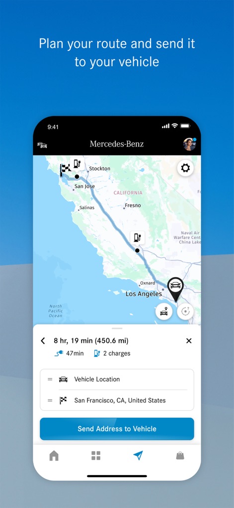 Mercedes-Benz (USA/CA) - The app empowers users to seamlessly plan routes on an interactive map and send addresses directly to their vehicle's navigation system.
