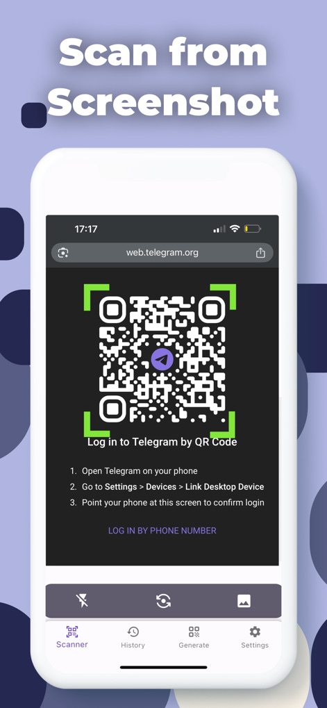 QR Code Reader App - ScanQR - L'application offre la capacité unique de numériser des QR codes directement depuis un écran, comme le code de connexion Telegram affiché, avec son cadre de détection vert.