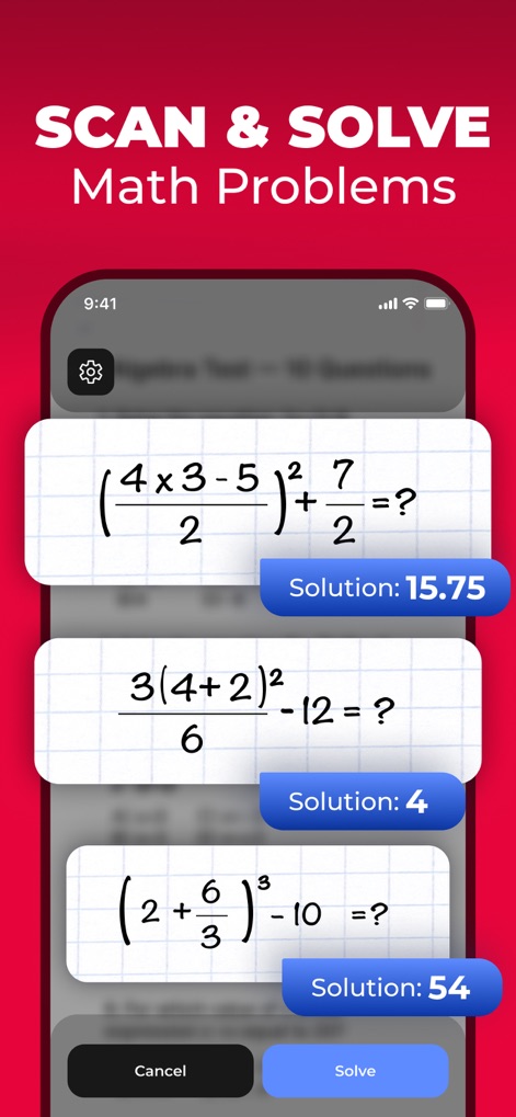 Photo Math: AI Homework Helper - La aplicación permite a los usuarios capturar expresiones matemáticas complejas para obtener soluciones instantáneas, destacando la eficiencia del escáner y la claridad de los resultados.