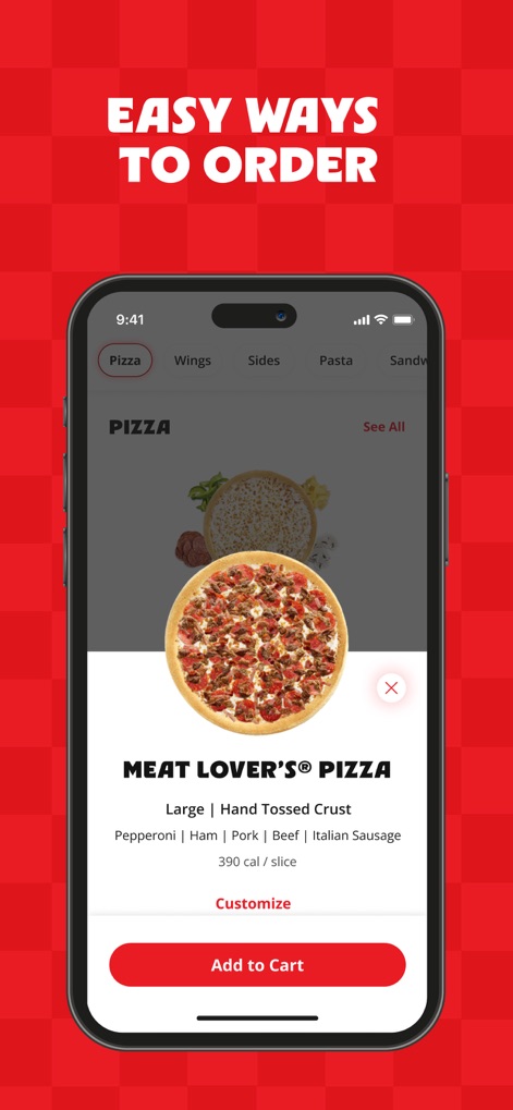 Pizza Hut - Delivery & Takeout - The app offers intuitive menu browsing with dedicated category tabs and provides a detailed pop-up view for items like the "Meat Lover's Pizza" with clear customization options.