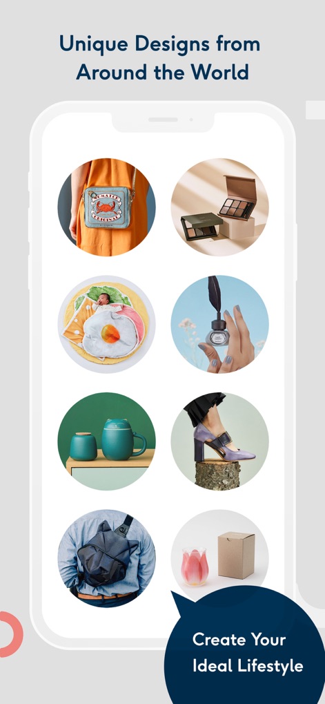 Pinkoi - Users can explore a curated grid of "Unique Designs from Around the World" while being encouraged to "Create Your Ideal Lifestyle" through distinct product offerings.