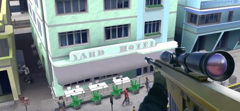Grand Sniper: 3D Shooting Game - Immerse yourself in close-quarters urban missions, observing detailed street activities and the prominent 'YARD HOTEL' sign.