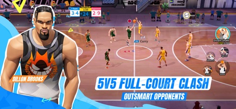 Dunk City Dynasty - ディロン・ブルックスがクローズアップされ、リアルな5対5のフルコートゲームが展開されている様子が示されており、戦略的なプレイの可能性を感じさせます。