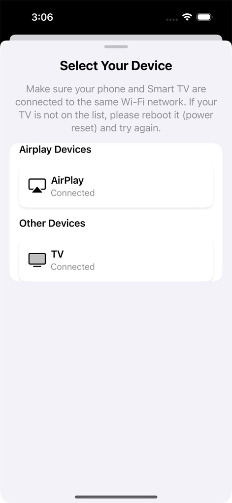 AirScreen Cast - La schermata di selezione mostra le opzioni per "AirPlay Devices" e "Other Devices", entrambe indicate come "Connected", semplificando l'abbinamento dei dispositivi con chiare istruzioni per la connessione Wi-Fi.