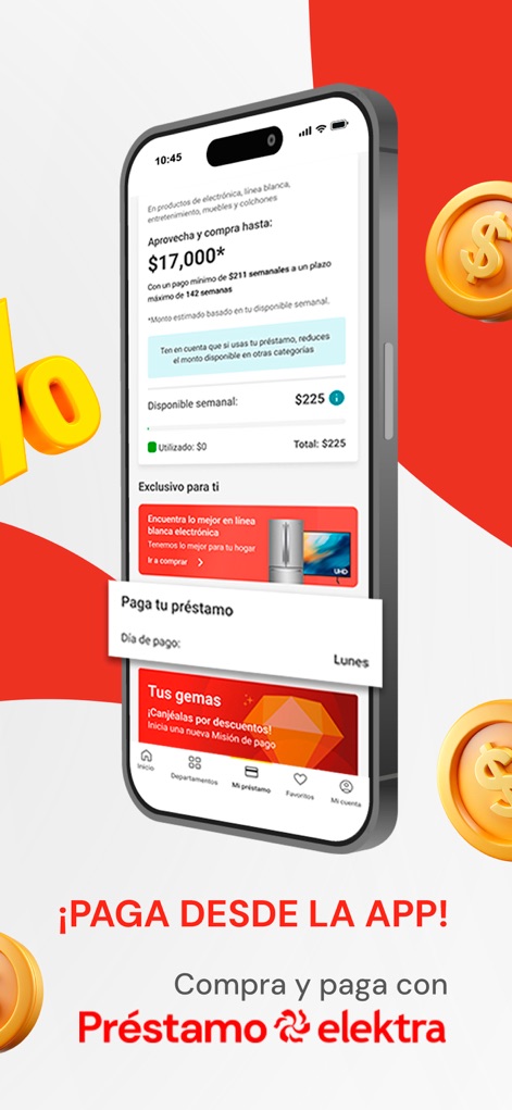 Elektra: compras en línea - Los usuarios pueden gestionar su crédito y realizar pagos a través de la sección de 'Paga tu préstamo', visualizando al instante su saldo de crédito disponible y opciones de gemas.
