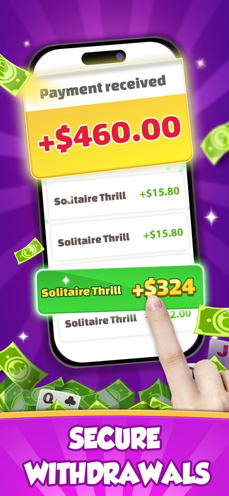 Solitaire Thrill: Win Cash - Esta captura demuestra la facilidad de los retiros de efectivo, con una notificación clara de "Payment received" y el desglose de múltiples transacciones de "Solitaire Thrill" que suman las ganancias del jugador.