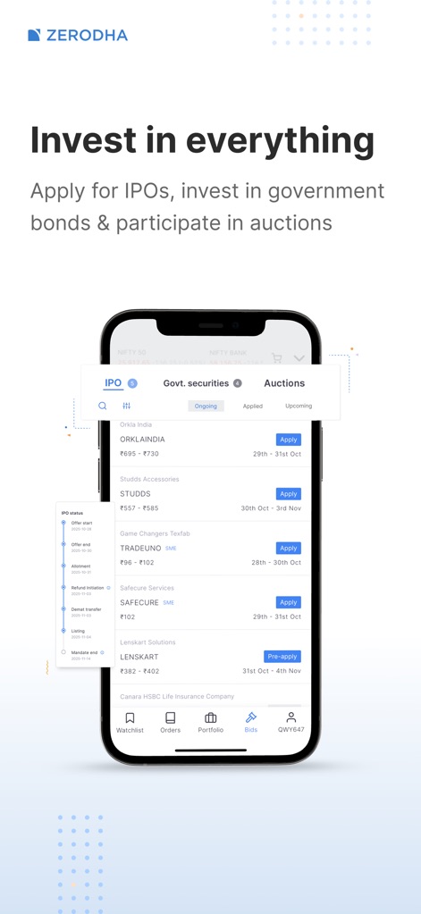 Zerodha Kite - Trade & Invest - The platform enables users to invest in a wide range of assets, from applying for IPOs with an instant application facility to participating in government securities.