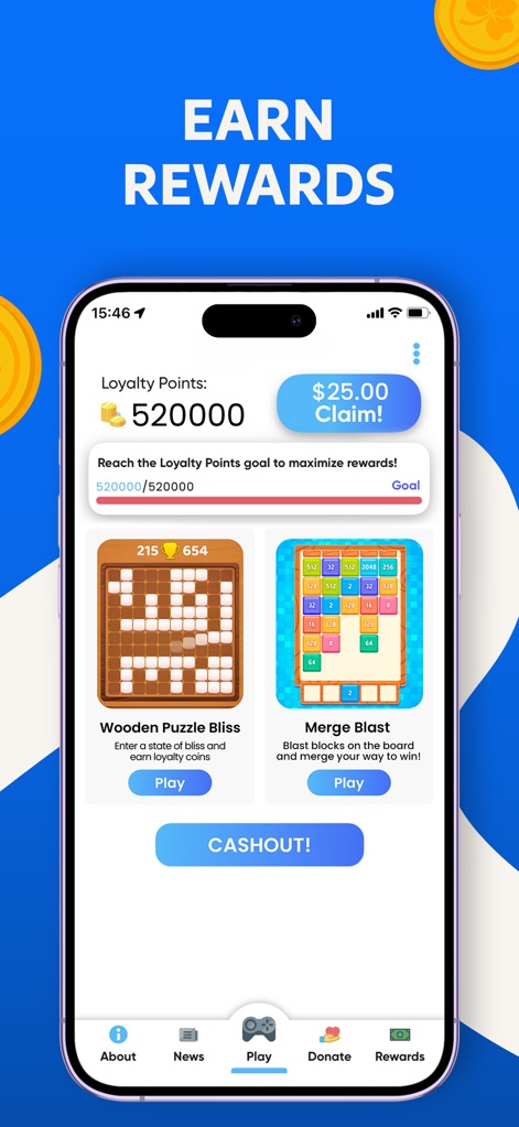 JustPlay: Earn Loyalty Rewards - A interface principal exibe o total de "Loyalty Points" e um botão claro de "Claim!" para resgatar, permitindo aos usuários acompanhar seu progresso e ativar prêmios.