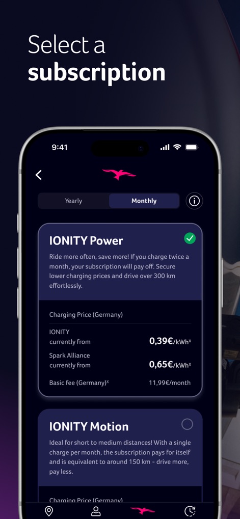 IONITY - 사용자는 자신의 운전 습관에 맞는 'IONITY Power' 또는 'IONITY Motion' 구독 플랜을 선택할 수 있으며, 각 플랜의 월별 요금과 kWh당 충전 가격 혜택을 명확하게 비교할 수 있습니다. (Visual features: 'IONITY Power' 및 'IONITY Motion' 구독 옵션, 가격 및 혜택 비교)