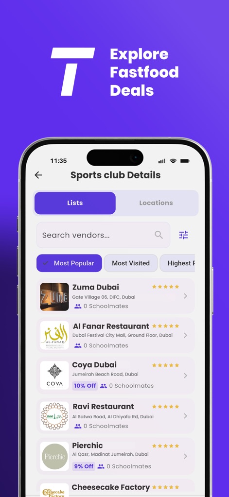 Tolaab - 이 화면에서는 '가장 인기 있는(Most Popular)' 필터를 적용하여 다양한 매장 목록을 보여주며, 각 매장 옆에는 별점 평가와 '10% 할인'과 같은 구체적인 할인율 정보가 명시되어 있습니다.